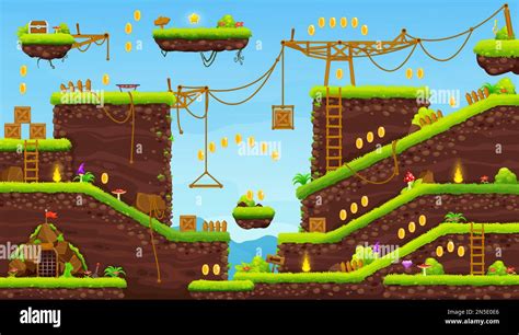 2d arcade game level cartoon map interface. Platform, key, stairs, coins and chest icons on ...