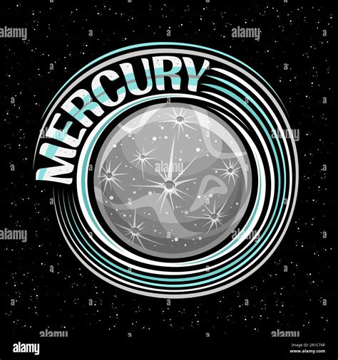 Vector logo for Mercury, decorative fantasy print with rotating planet mercury, stone surface ...