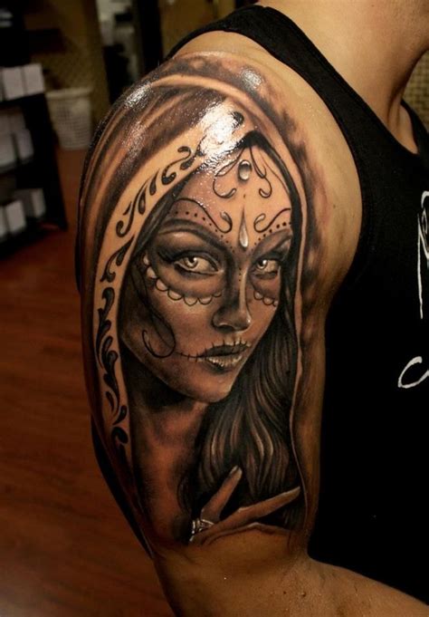 Mexican skull girls tattoo on half sleeve - Tattooimages.biz