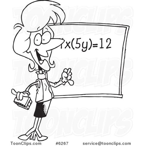 Cartoon Black and White Line Drawing of a Female Math Teacher During ...