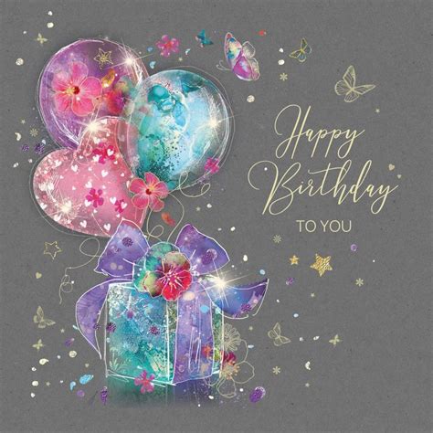 a birthday card with balloons and presents