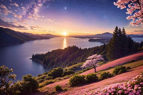 Premium AI Image | Sunset on a lake landscape