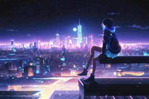 Free Vectors | A girl looking at the night view of the city from the roof of a building