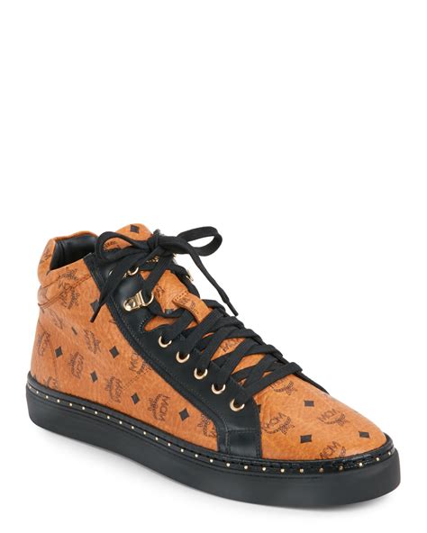 MCM Canvas Cognac Classic Visetos Mid Sneakers in Black for Men - Lyst