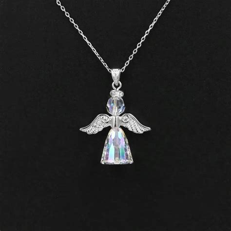 Pure 925 Sterling Silver Angel Wings Austrian Crystal Pendant Chain Necklace for Women Cone ...