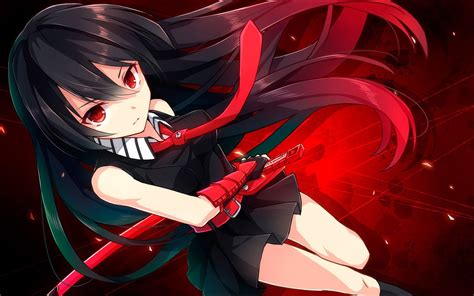 Anime Girl With Black Hair And Red Eyes And Sword