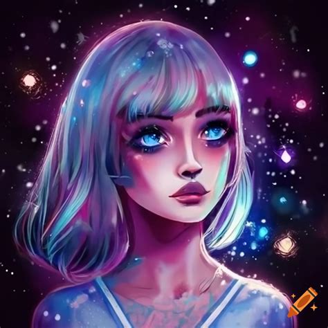 Illustration of a girl with blue eyes wearing an astronaut mask and looking at the moon on Craiyon