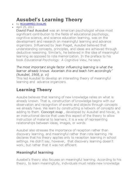 Ausubel's Learning Theory | PDF | Learning | Behavioural Sciences