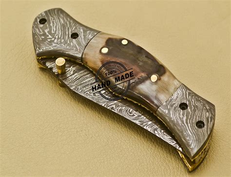 Custom Handmade Damascus Steel Pocket Folding Knife With Sheep