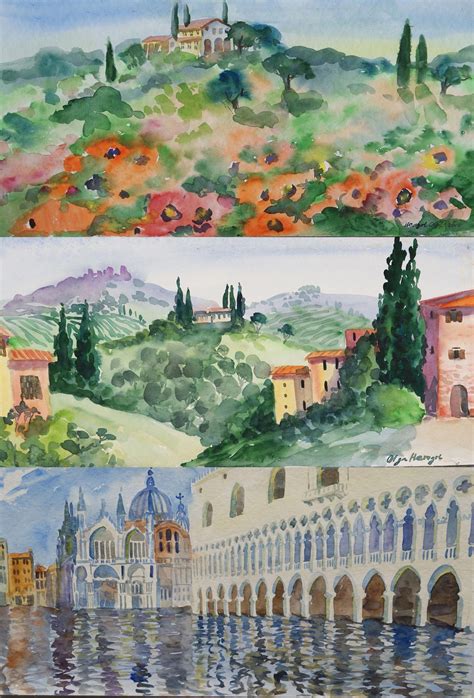 The landscape of Tuscany. Original watercolor. This is the view of the surrounding countryside ...