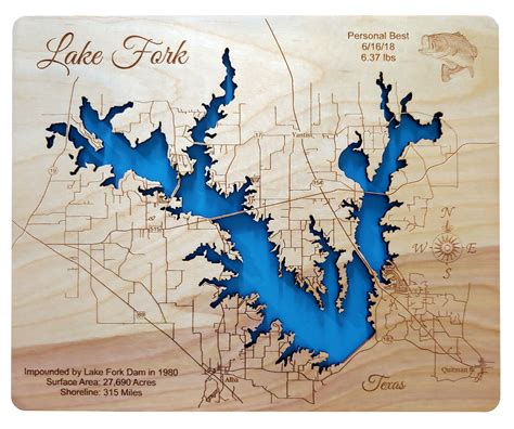 Lake Fork, Texas - Laser Cut Wood Map