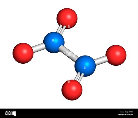 Nitrogen tetroxide (dinitrogen tetroxide, N2O4) rocket propellant molecule. 3D rendering. Atoms ...