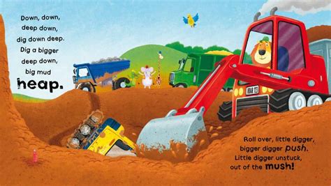 an image of a children's book about digging in the dirt with dump trucks