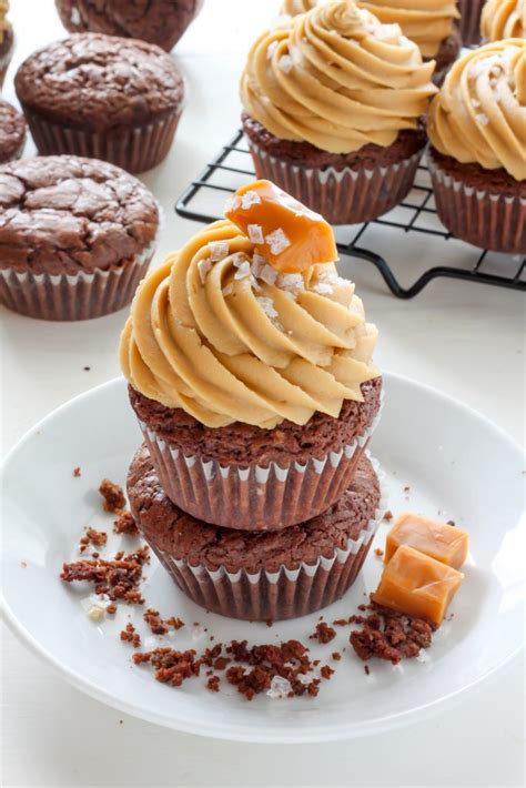 Dark Chocolate Brownie Cupcakes with Salted Caramel Frosting - Baker by Nature