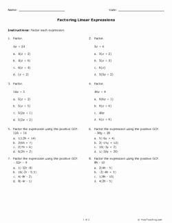 48 Factoring Linear Expressions Worksheet