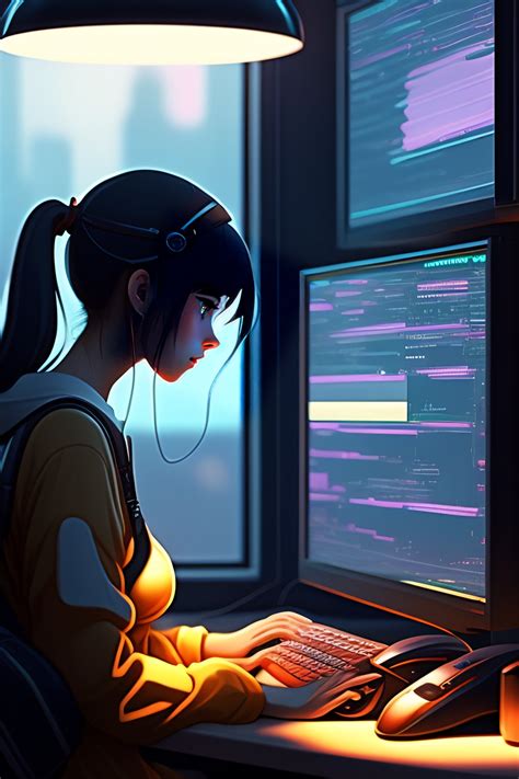 Lexica - Create a high resolution artwork of lofi ,Anime Girl is programming at a computer in a ...