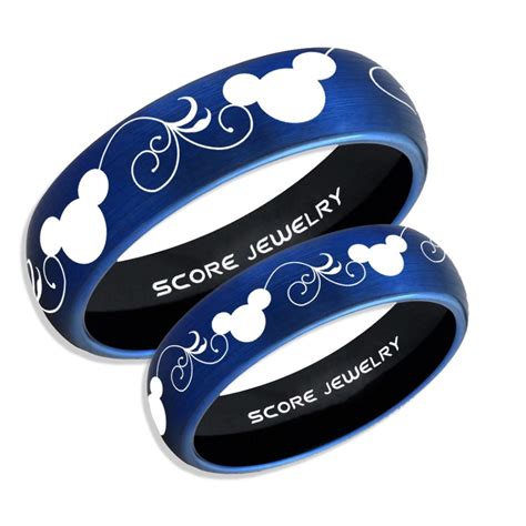 2 Piece Couple Set Tungsten Bands Mickey Mouse Rings, Blue Tungsten Wedding Rings, Blue Wedding ...