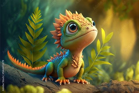 a cute adorable baby dragon lizard 3D Illustation stands in nature in ...