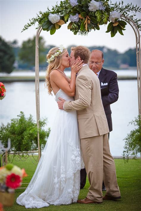 Waterside Wedding Ceremony First Kiss