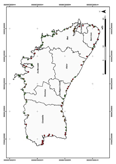 Municipal map of Minorca Island with the points indicating the location ...