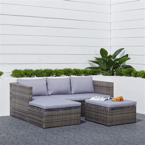 Daytona 3-piece Vintage Outdoor Cushioned Wicker Corner Sofa in Light Grey with Footstool ...