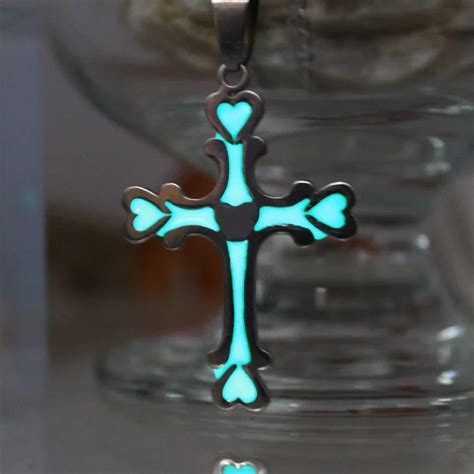 Glowing CROSS Necklace cross love stainless steel Necklace GLOW in the DARK night Fluorescent ...