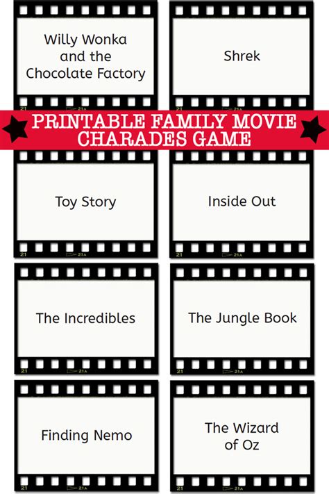 Family Friendly Charades Ideas: Family Movie Charades Cards Printable