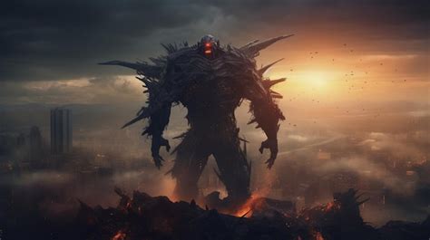 Premium AI Image | Giant monster over the destroyed city Mythical giant attack