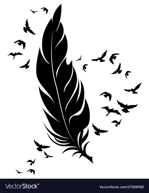 Feather and birds black white Royalty Free Vector Image