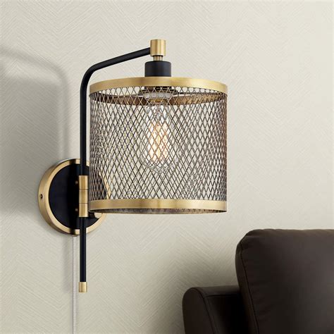 Brody Black and Brass Plug-In Swing Arm Wall Lamp with Metal Mesh Shade - #91W98 | Lamps Plus