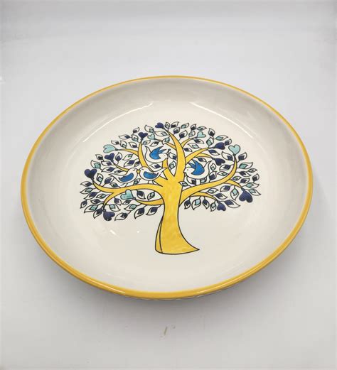 Ceramic Platter Round 35cm - Bird in Tree (Yellow) - Hadeel - Fair Trade Palestinian Crafts