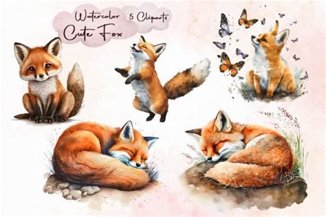 8 Watercolor Cute Fox Cliparts Bundle Designs & Graphics