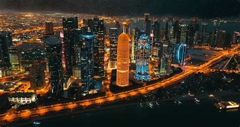 Doha Skyline Qatar Cityscape From Above At Night Stock Photo - Download Image Now - iStock