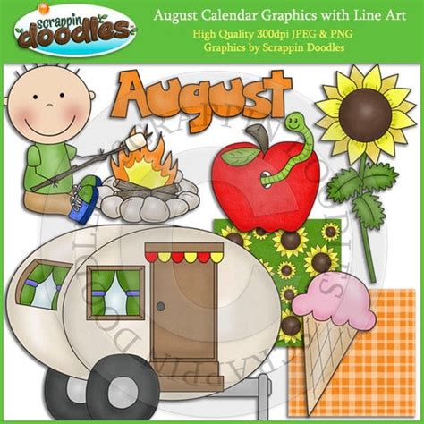 August Calendar Clip Art with Line Art Download by ScrappinDoodles