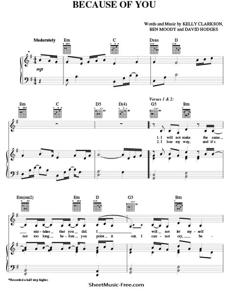 Because Of You Sheet Music Kelly Clarkson - ♪ SHEETMUSIC-FREE.COM