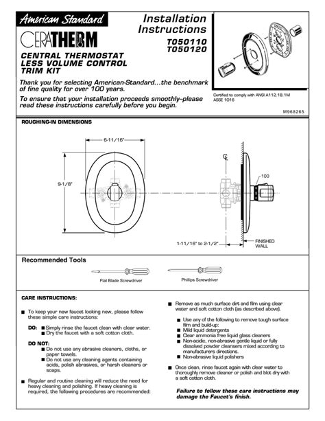 American Standard T050110 Thermostat User Manual | Manualzz