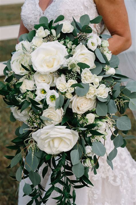 Cascading White Bridal Bouquet | Dark green wedding, White bridal ...