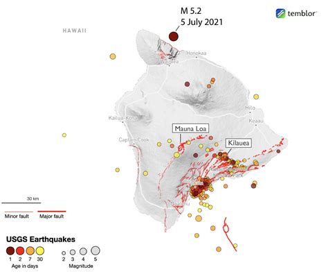 Map of the Big Island showing seismicity from the last 30 days. Most ...