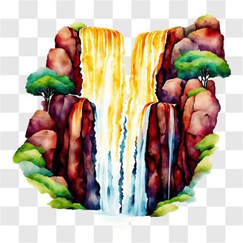 Download Watercolor Painting of Serene Waterfalls PNG Online - Creative Fabrica