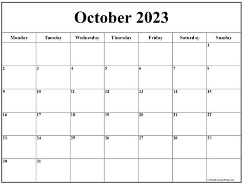 October 2023 Monday Calendar | Monday to Sunday