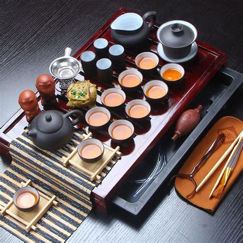 Yixing Ceramic Kung Fu Tea Set Solid Wood Tea Tray Teapot 27 piece Tea ...