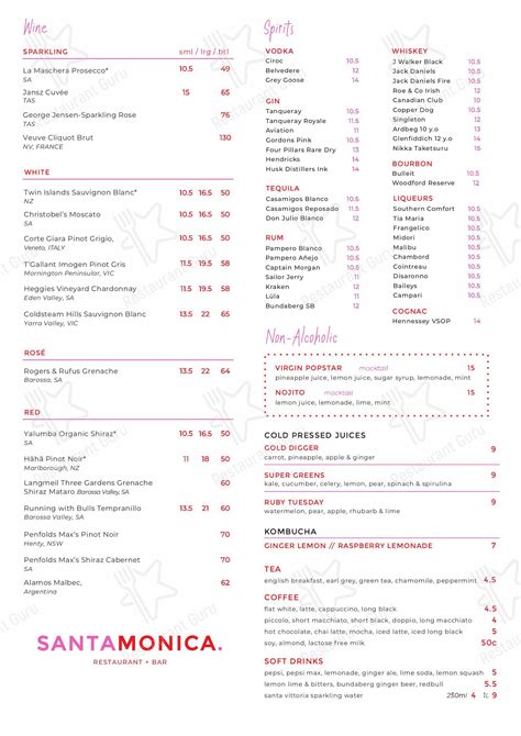 Menu at Santa Monica pizzeria, Brisbane City