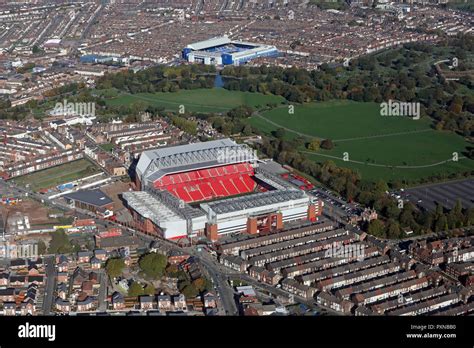 aerial view of Liverpool FC Anfield Stadium with Everton FC Goodison ...