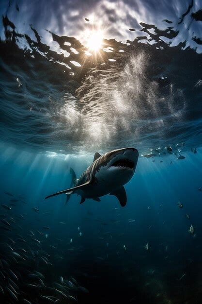 Premium AI Image | a shark swims past a large school of fish.