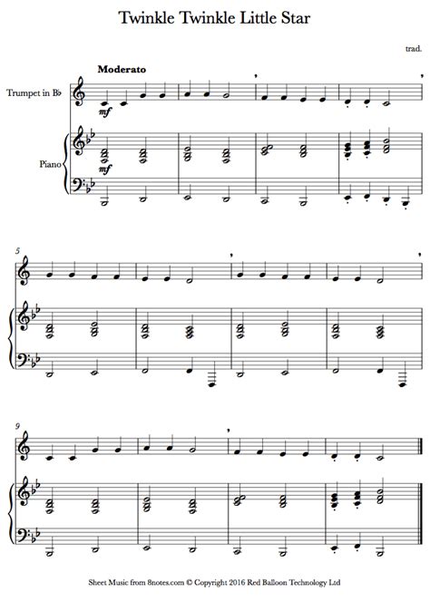 Twinkle Twinkle Little Star sheet music for Trumpet - 8notes.com