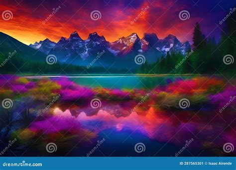 Colorful Sunset Near a Mountain S Edge with a Spring Water Source Stock ...