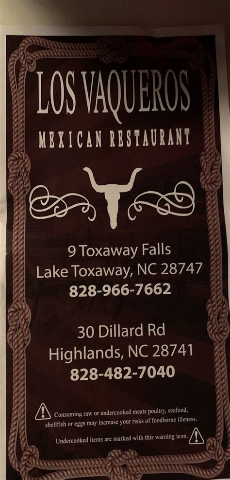 Menu at Los Vaqueros Mexican Restaurant, Lake Toxaway