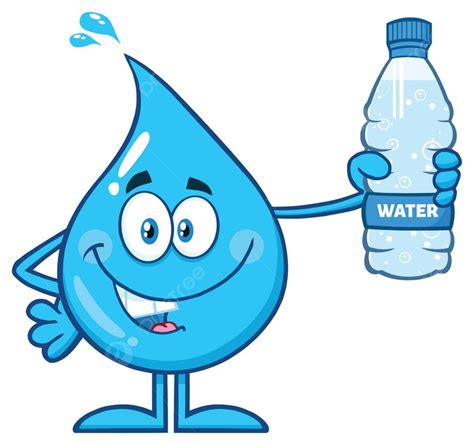 Happy Blue Water Drop Cartoon Mascot Character Holding A Bottled Water ...