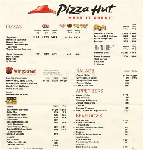 Printable Pizza Hut Menu