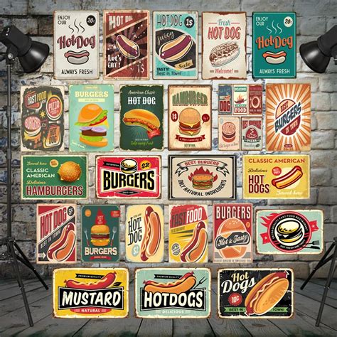 Vintage Home Decor Retro Hamburgers Metal Tin Signs Classic American Hot Dogs Food Tin Plate For ...